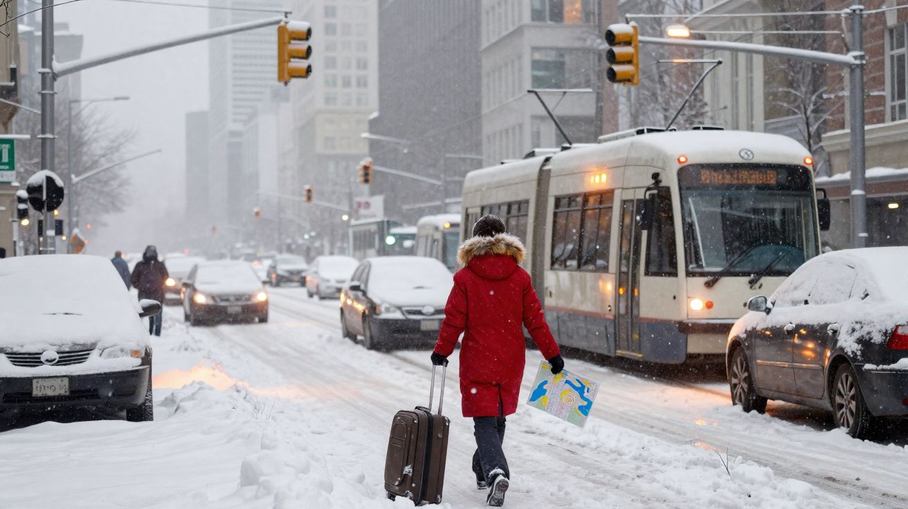 Pessoa de casaco vermelho com mala a andar numa rua nevada com carros e elétrico em cidade.