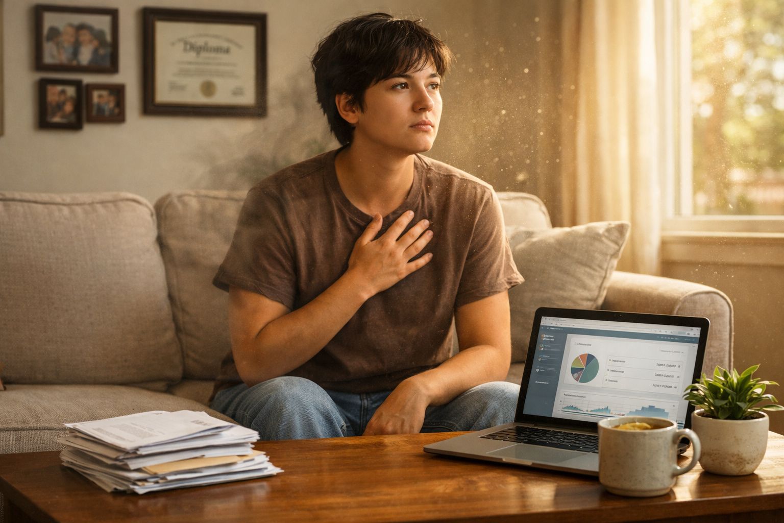 Pessoa sentada no sofá com expressão preocupada, computador portátil com gráficos na mesa e pilha de documentos.