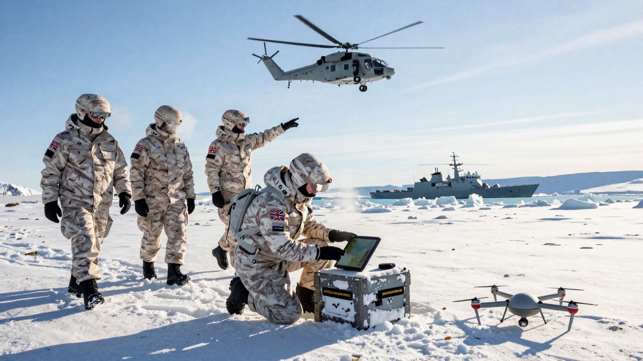 Militares em uniforme de camuflagem branca operam drone na neve com helicóptero e navio no horizonte.