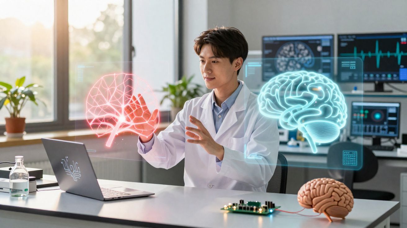 Cientista em laboratório com hologramas de cérebro e neurónios a analisar dados numa mesa.