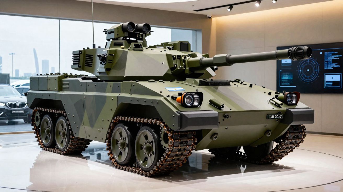 Veículo blindado militar verde com canhão longo exposto em sala de exposição moderna.