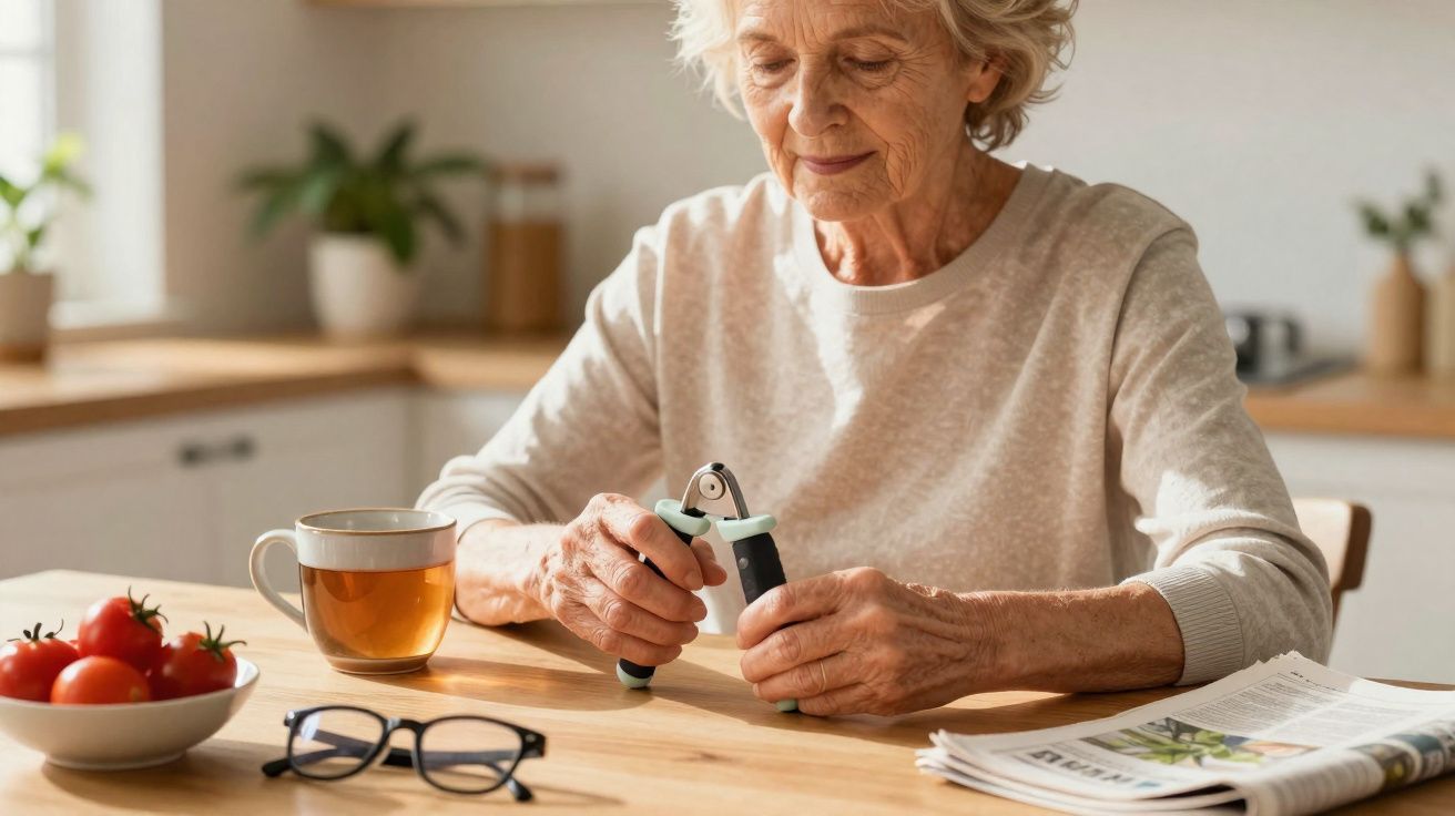 Idosa a usar um aparelho de exercício de mãos numa cozinha luminosa, com chá, óculos e jornal na mesa.