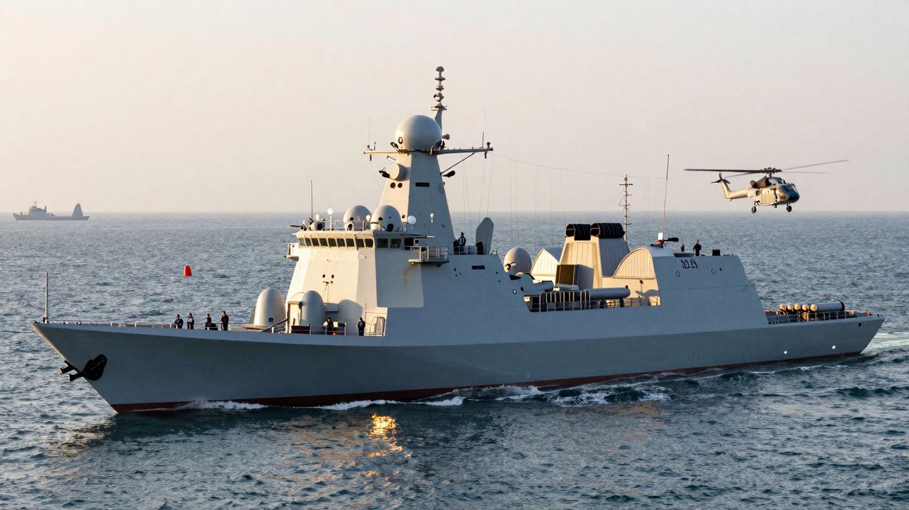 Fragata militar cinzenta a navegar no mar com um helicóptero a voar ao seu lado.
