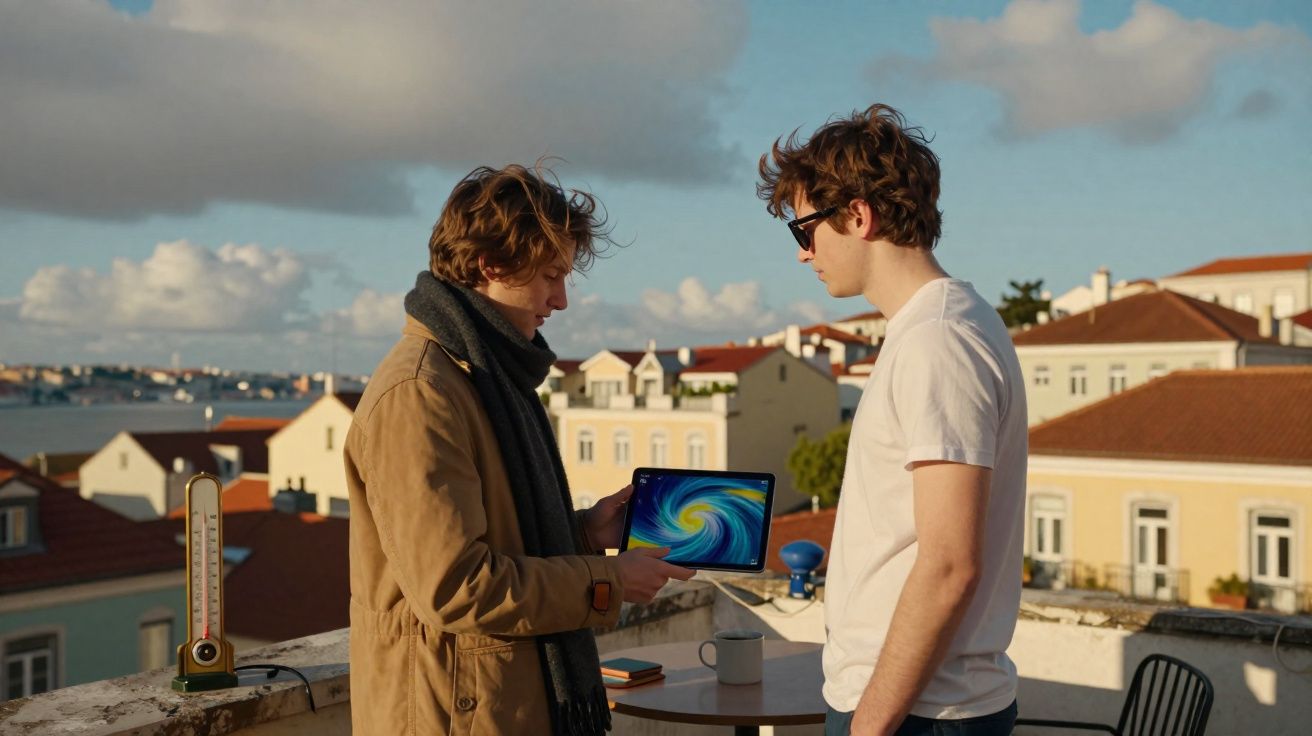 Duas pessoas numa varanda urbana com tablet, edifícios e céu nublado ao fundo.