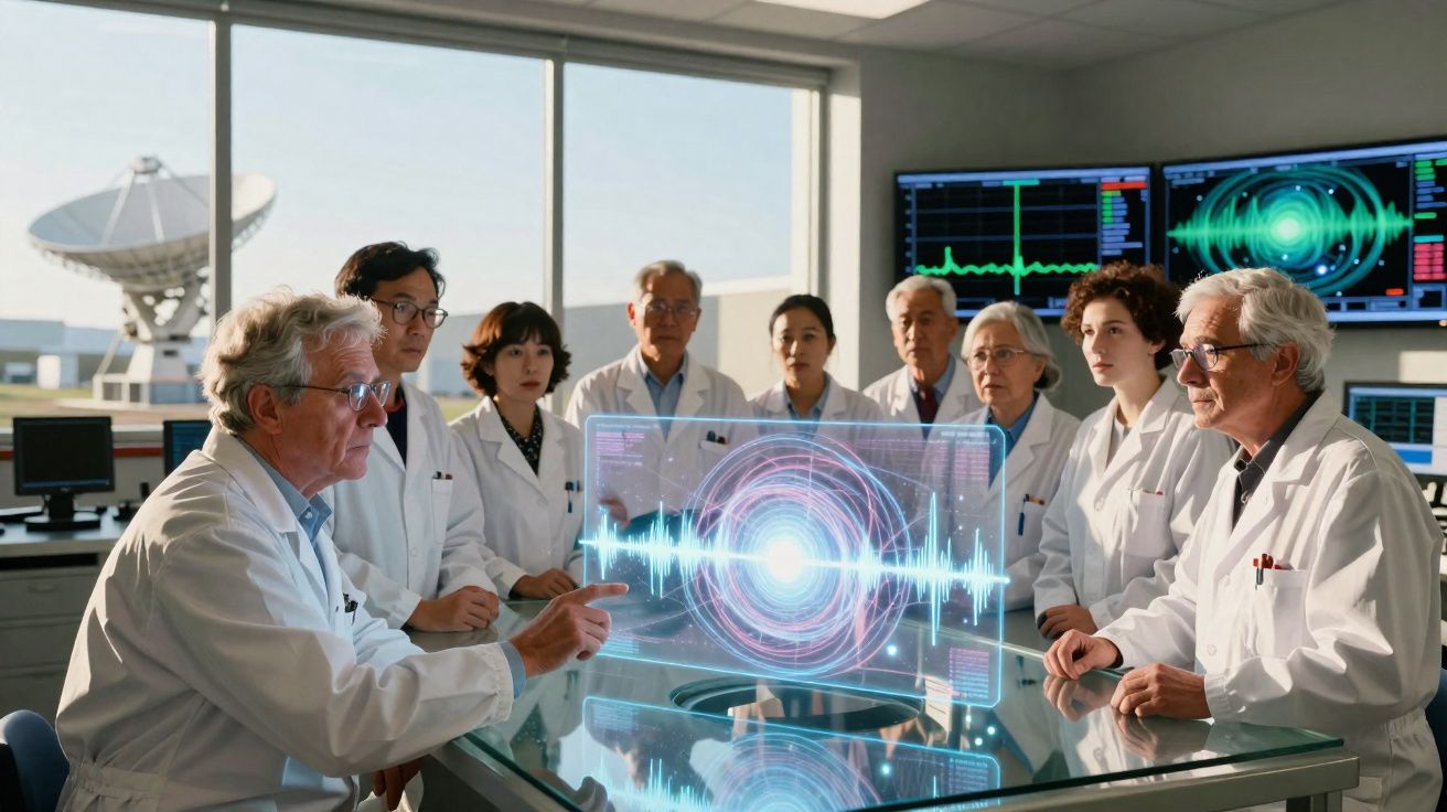 Grupo de cientistas em laboratório a analisar dados holográficos e gráficos em ecrãs.