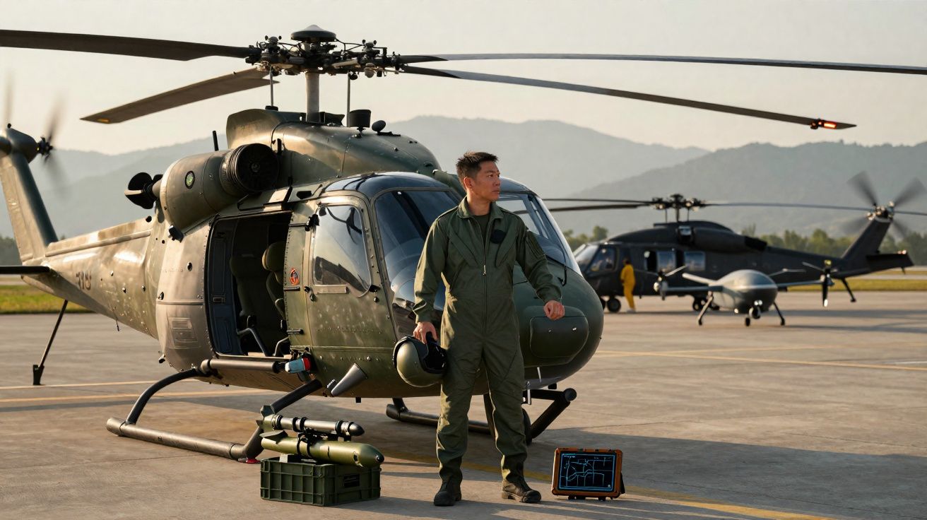 Homem de fato militar junto a helicóptero verde com equipamento de voo em pista com montanhas ao fundo.