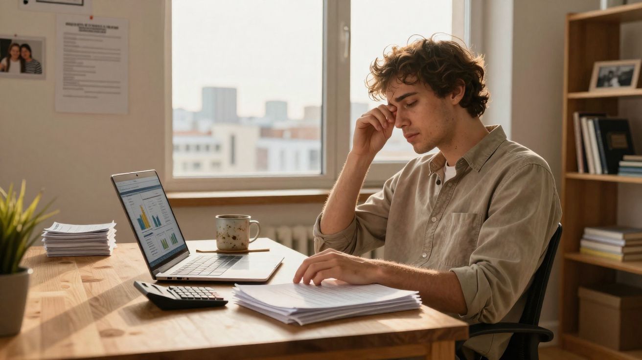 Jovem sentado numa secretária com computador, documentos e calculadora, aparenta estar preocupado ou cansado.