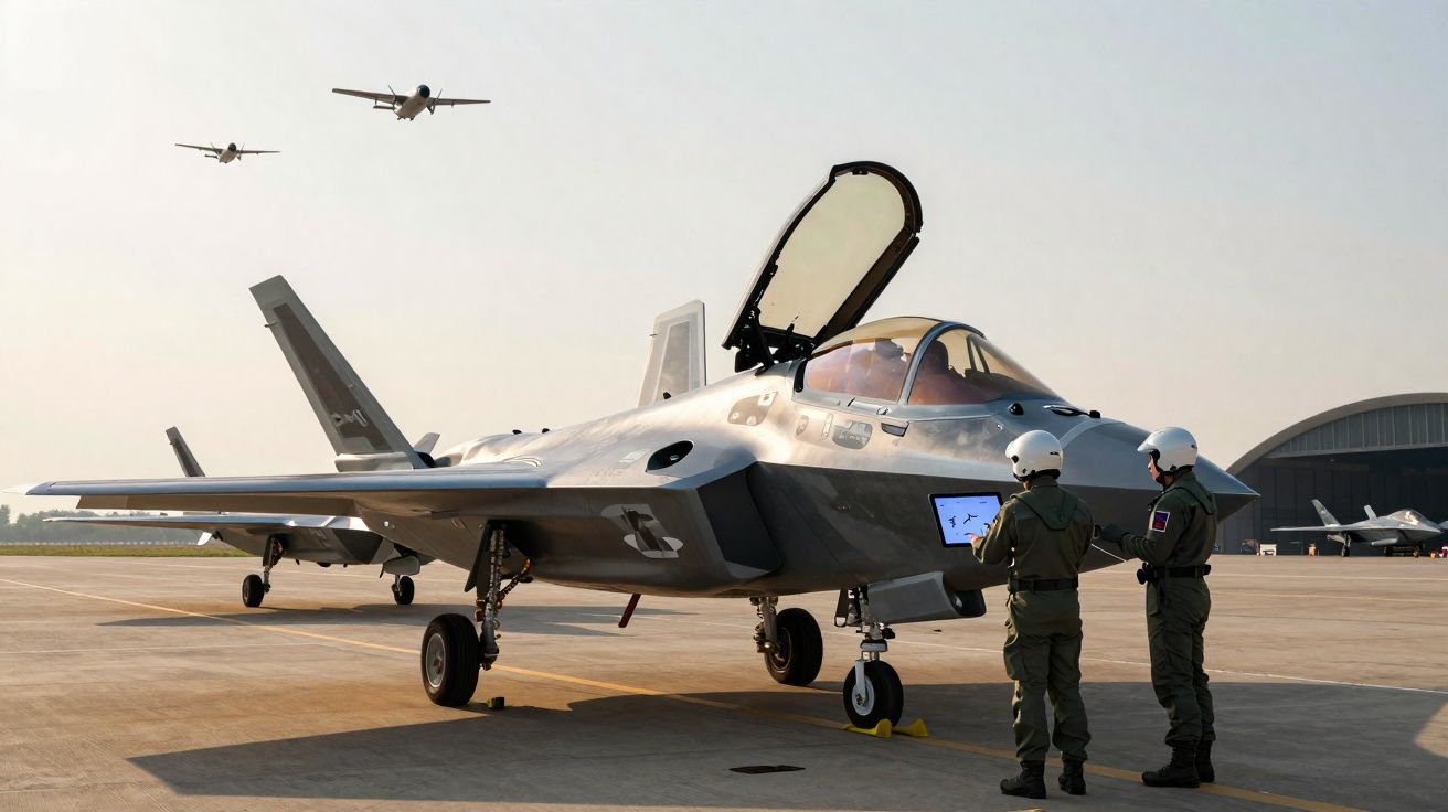 Caça furtivo estacionado com duas pessoas em uniforme militar e três aviões a voar ao fundo num aeródromo.