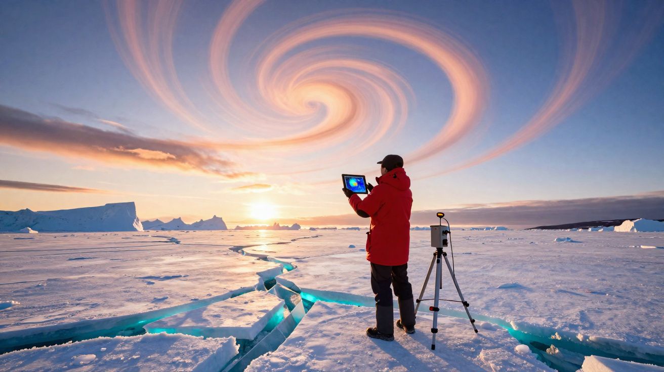 Pessoa com casaco vermelho usa tablet no gelo com céu em espiral colorida ao pôr do sol.