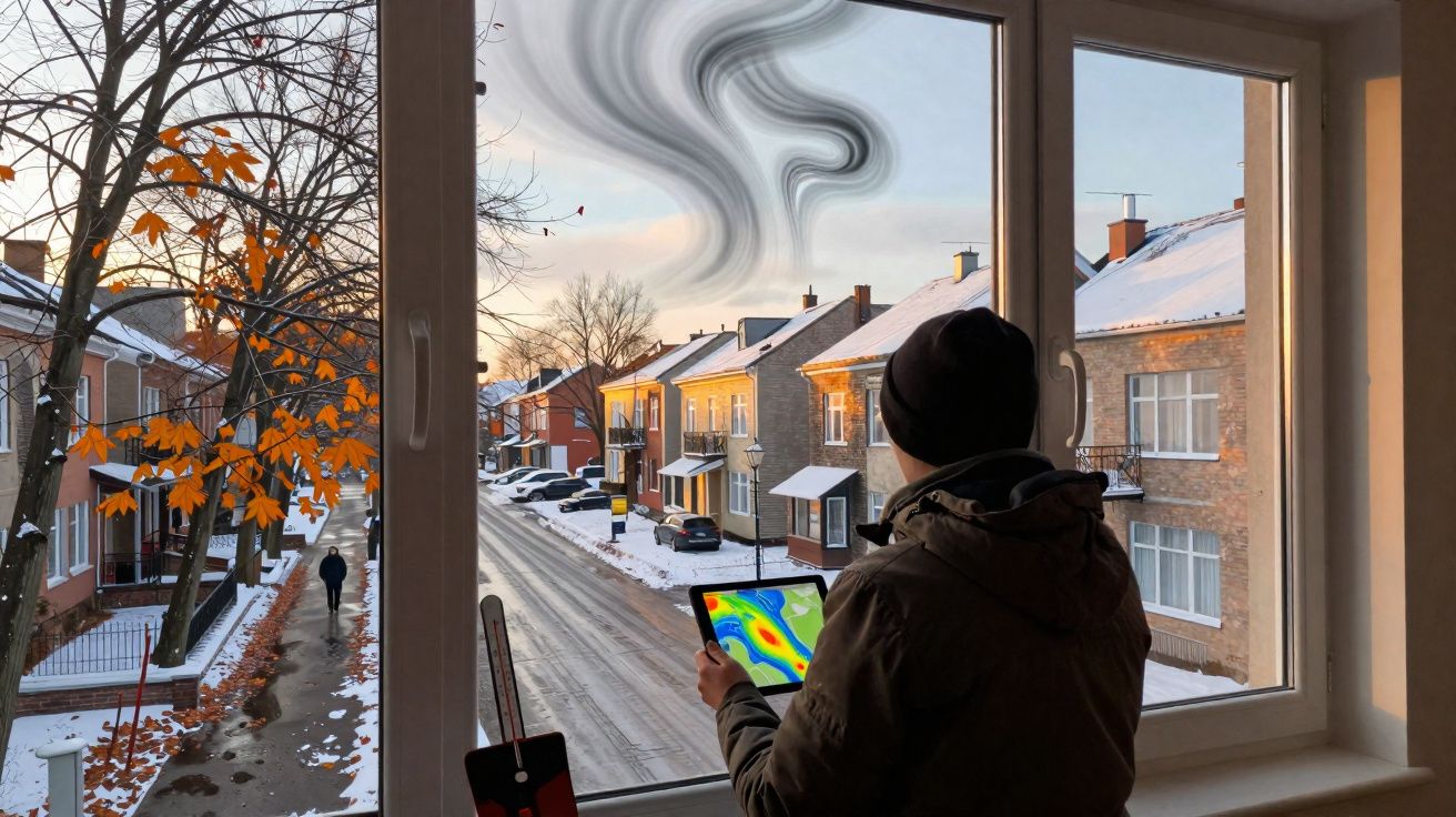 Pessoa com gorro e casaco observa pela janela um cenário urbano nevado segurando um tablet com mapa térmico.