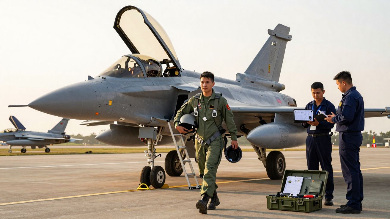 Piloto militar sai de caça no pátio com dois técnicos a verificar equipamento perto do avião estacionado.