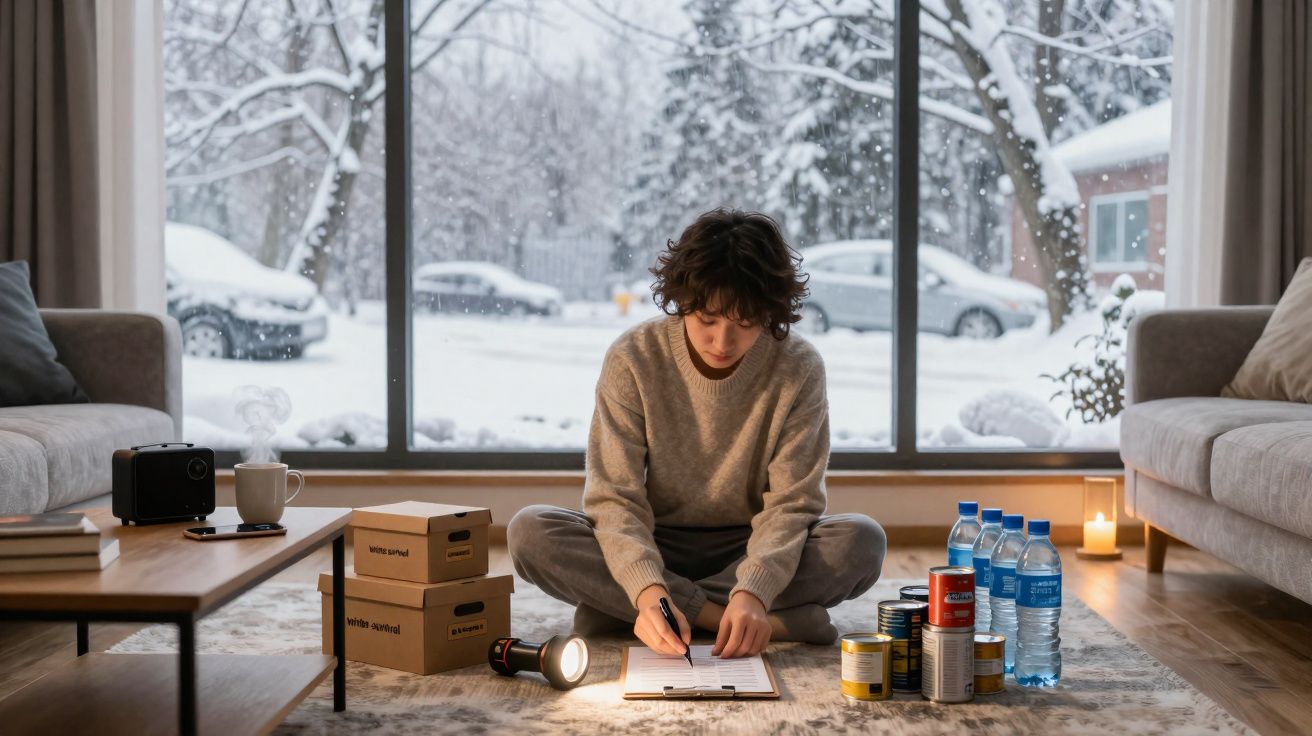 Pessoa sentada no chão a fazer lista, cercada por mantimentos e lanterna, com neve visível pela janela grande.