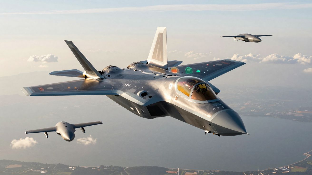 Dois aviões de combate e dois drones voando sobre uma paisagem com mar e montanhas ao fundo.