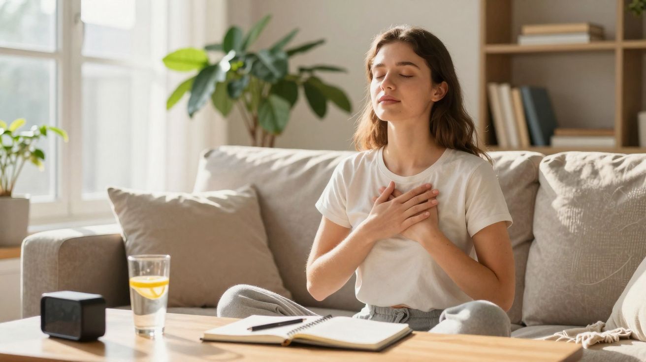 Jovem sentada no sofá com as mãos no peito a praticar respiração profunda e relaxamento.