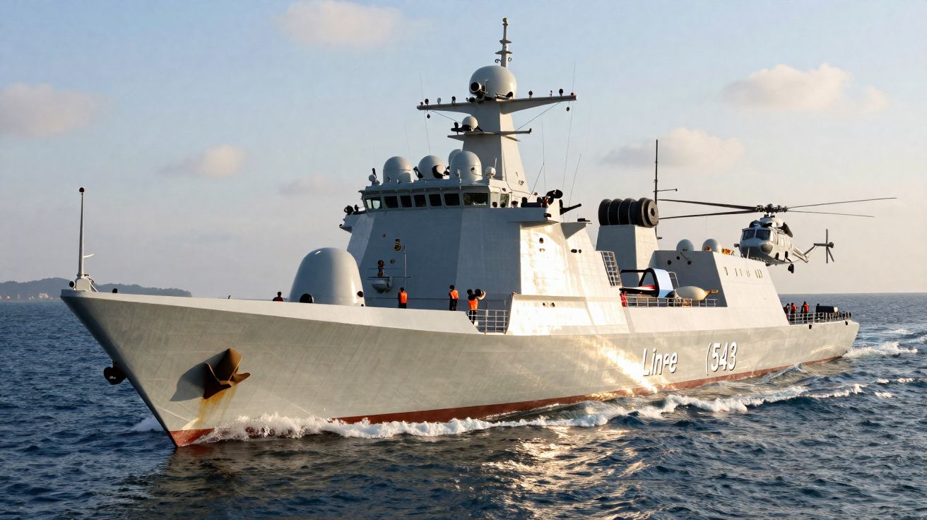 Fragata militar cinzenta em alto mar com helicóptero a descolar na popa e tripulação a bordo.