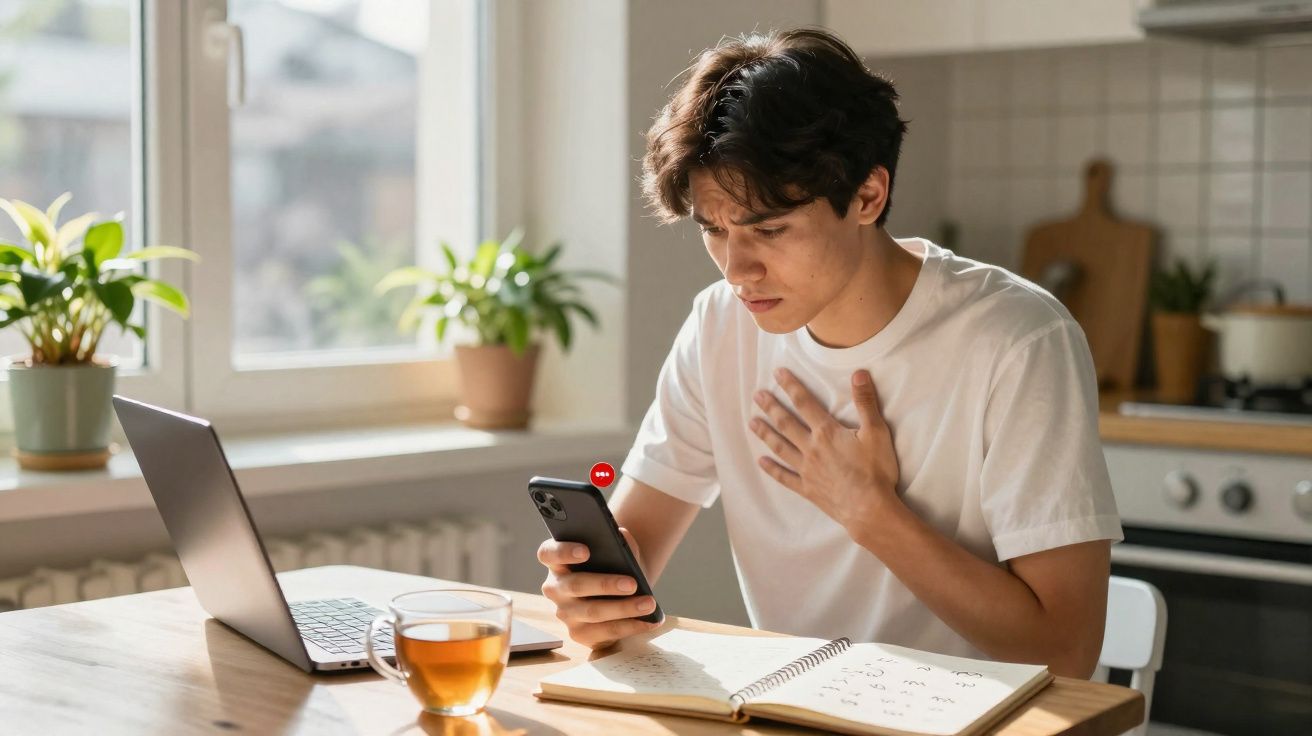 Jovem preocupado a olhar para o telemóvel com um braço na peito, sentado à mesa com laptop e caderno.