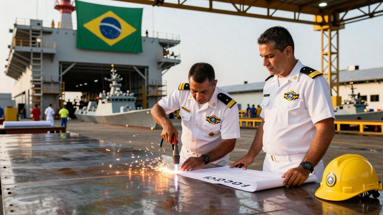 Dois militares da marinha brasileira em uniforme branco observam corte de chapa metálica num estaleiro naval.