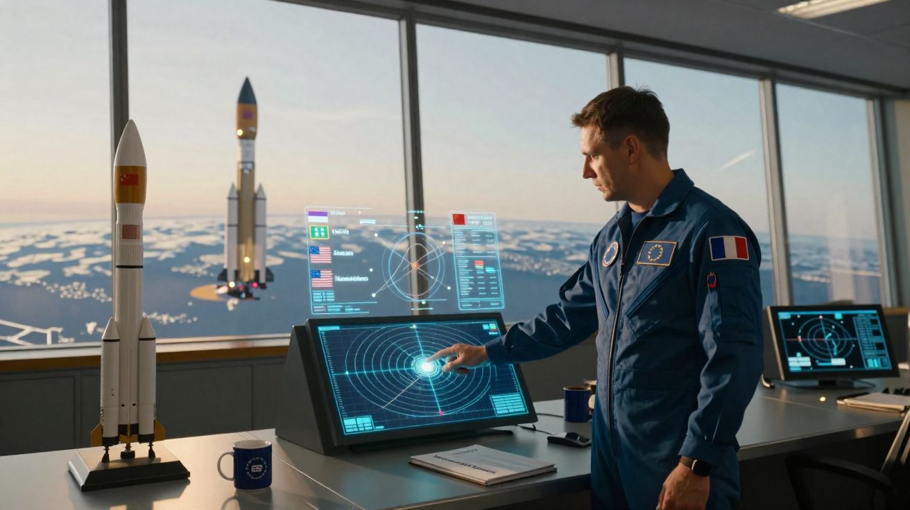 Homem com fato azul interage com ecrã tátil num centro de controlo espacial com modelos de foguetes.