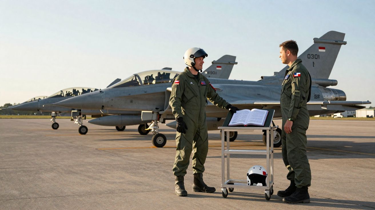 Dois pilotos militares em fato de voo conversam junto a um livro aberto num carrinho, com caças no fundo numa pista de aeropo
