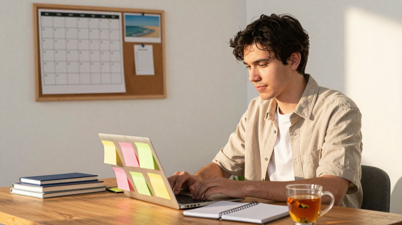 Jovem a usar computador portátil num escritório com notas autocolantes e chá numa mesa de madeira.