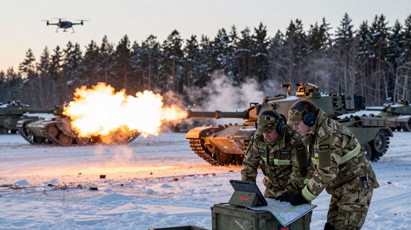 Dois soldados em uniforme operacional analisam mapa com tanque a disparar ao fundo em zona nevada.