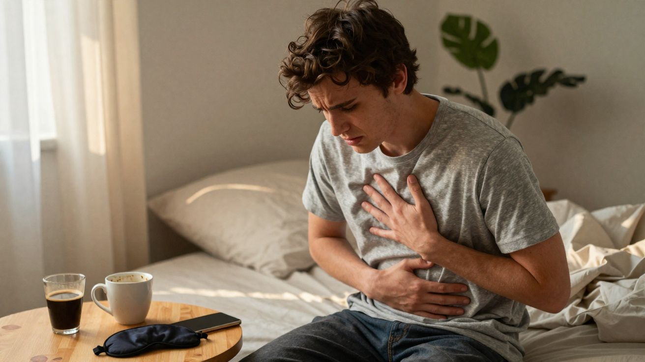 Homem jovem sentado na cama com expressão de dor, segurando o peito e a barriga, perto de uma mesa com café.