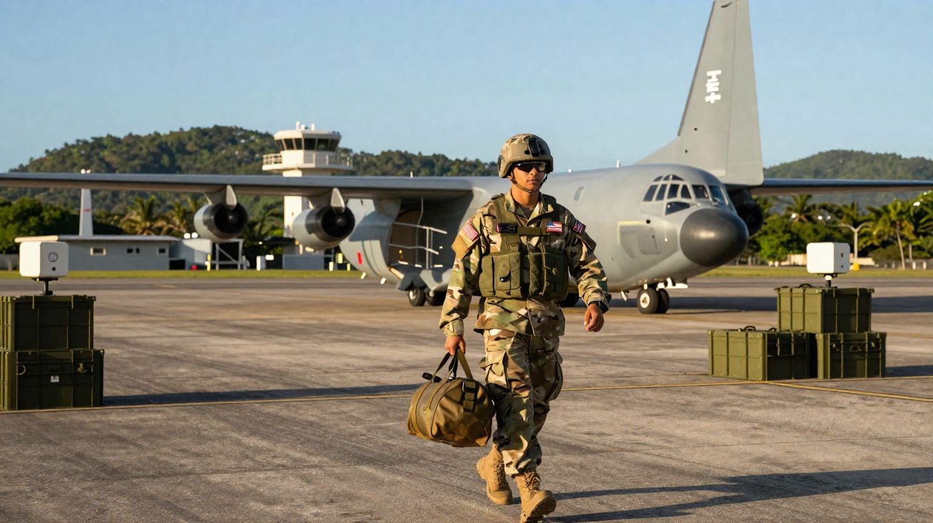 Soldado em uniforme militar camuflado a caminhar numa pista de aeroporto com mochila, com avião militar ao fundo.