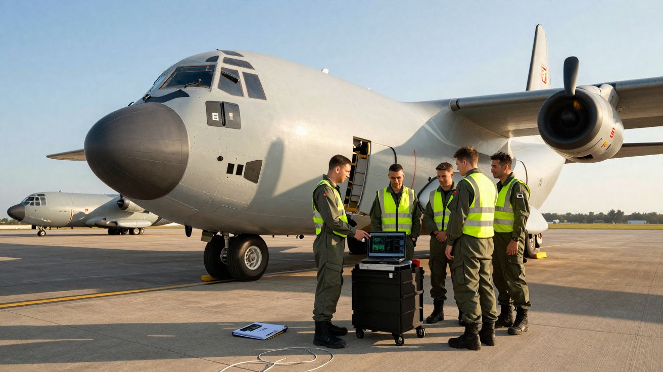 Cinco militares em coletes refletores junto a um avião militar cinzento na pista de um aeroporto.