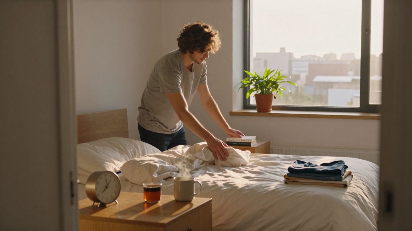 Homem jovem a arrumar a cama num quarto iluminado por luz natural junto a uma janela com planta.