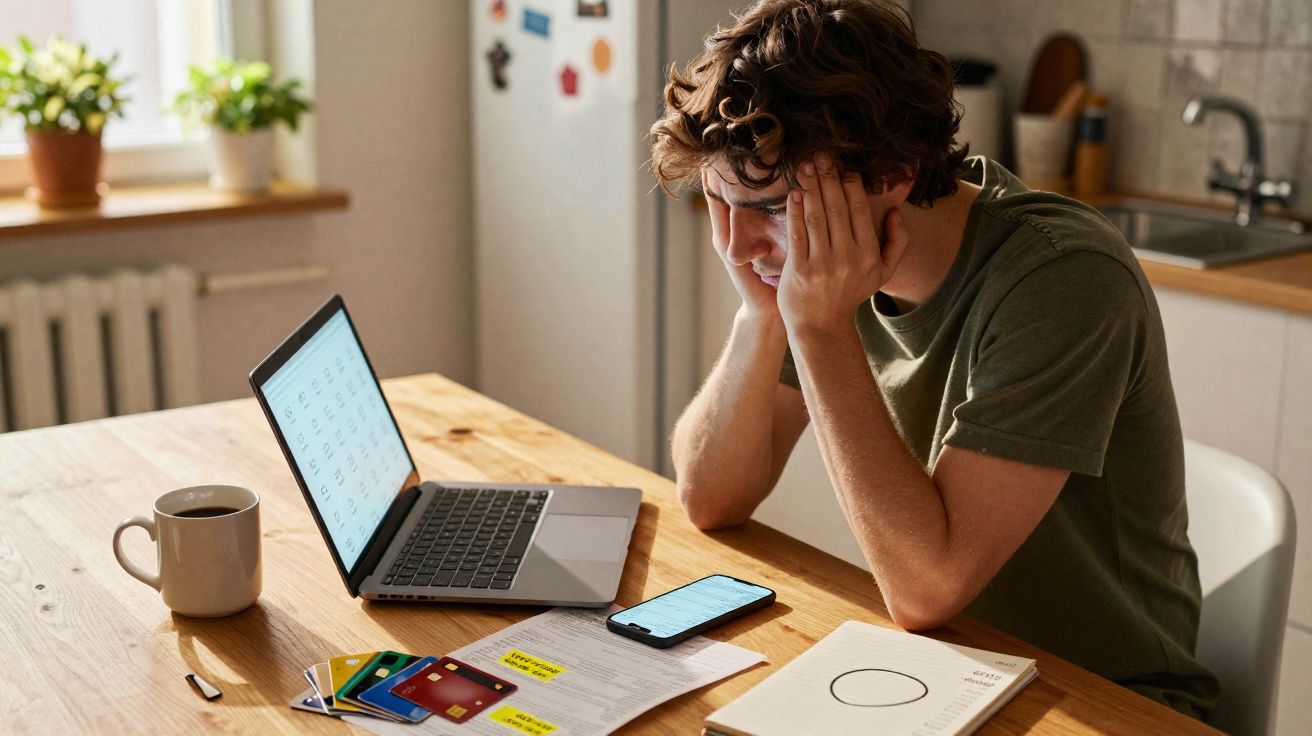 Jovem sentado à mesa com expressão preocupada, rodeado de computador, telemóvel, cartões e documentos.