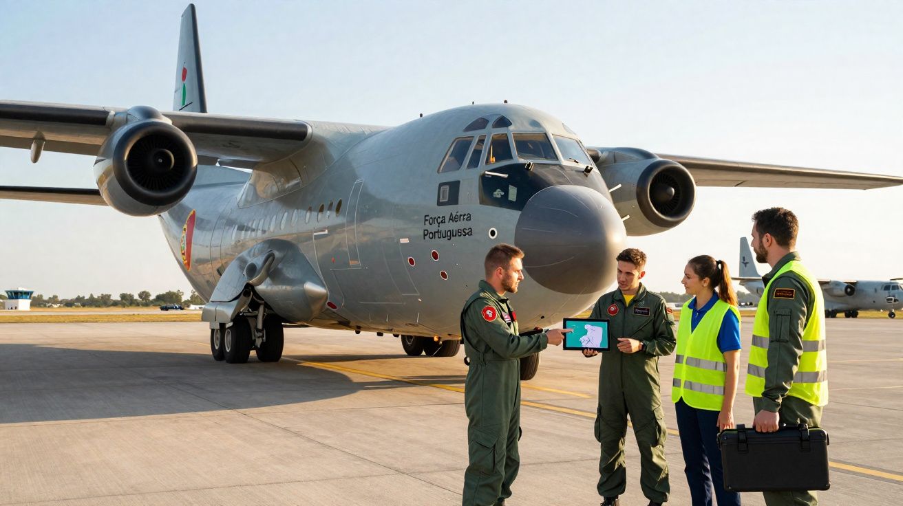 Quatro militares junto a avião da Força Aérea Portuguesa no aeroporto, analisando informação num tablet.
