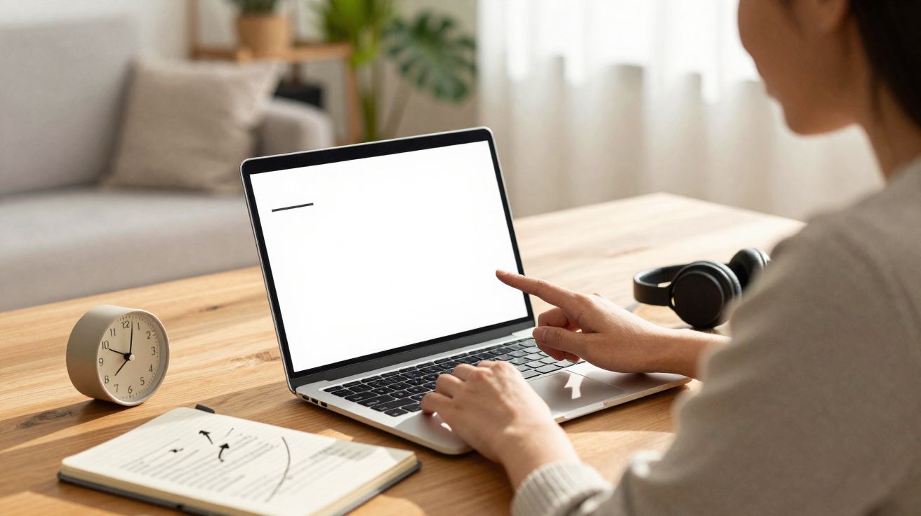 Pessoa a trabalhar num computador portátil numa mesa com relógio, caderno e auscultadores ao lado.