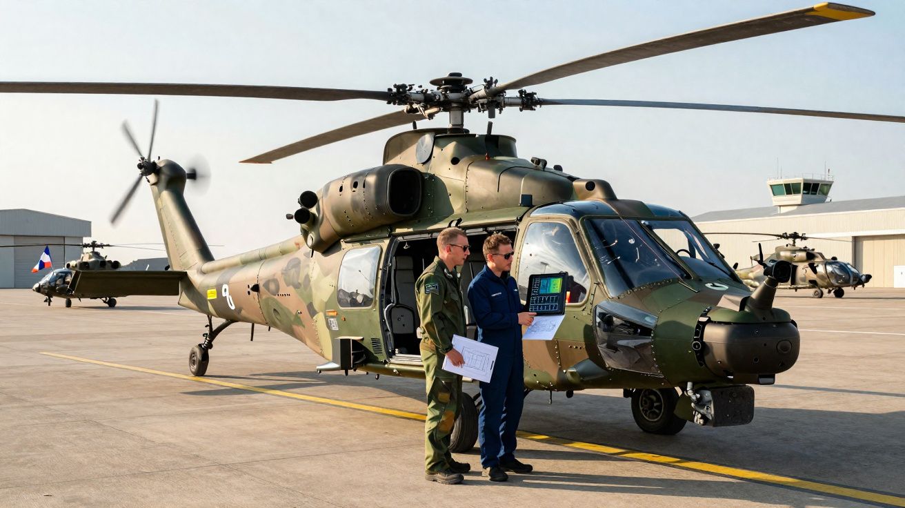 Helicóptero militar camuflado estacionado em aeroporto, com dois pilotos ao lado a verificar documentos.
