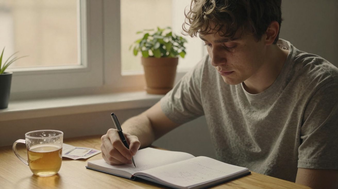 Jovem sentado à mesa a escrever num caderno, com chá e plantas em frente à janela.