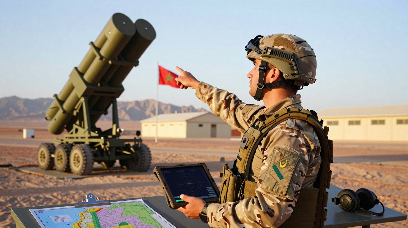 Soldado em uniforme camuflado com tablet e mapa aponta para lançador de mísseis num deserto com bandeira do Marrocos.