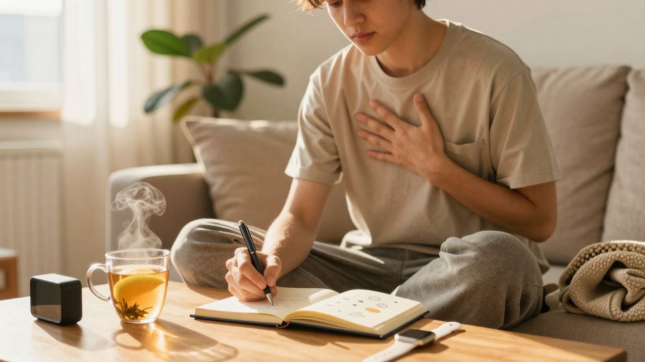 Jovem sentado no sofá a escrever num diário, com chá quente e pulso com bracelete na mesa.