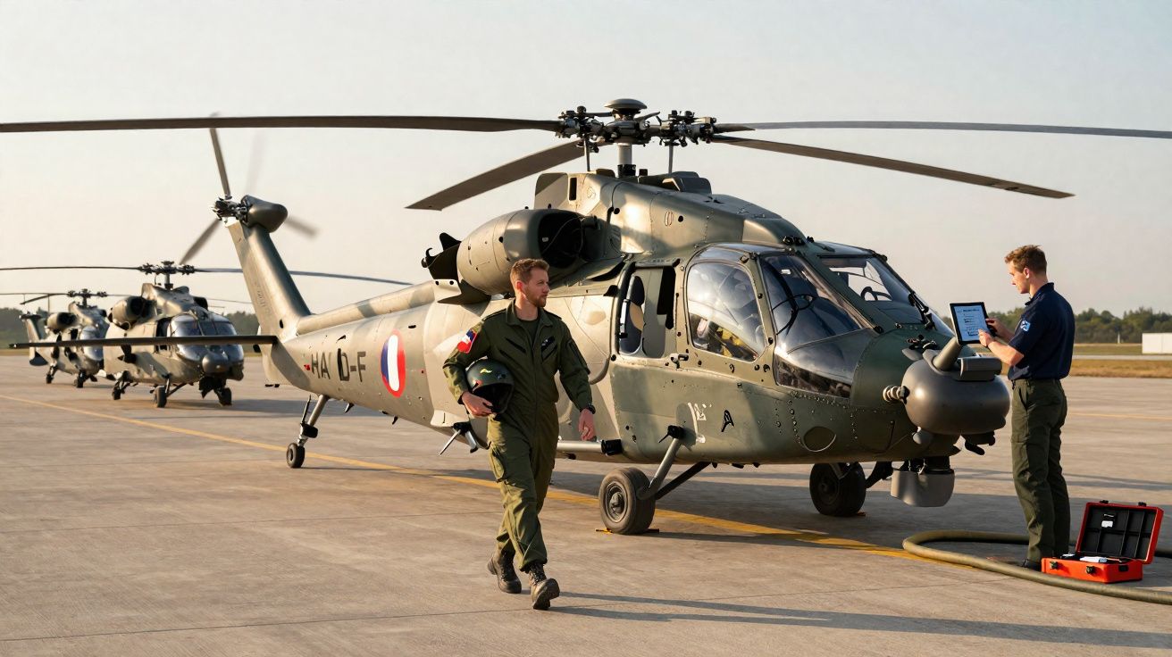 Helicópteros militares estacionados num aeródromo com dois pilotos em uniforme, um a andar e outro a trabalhar num equipament