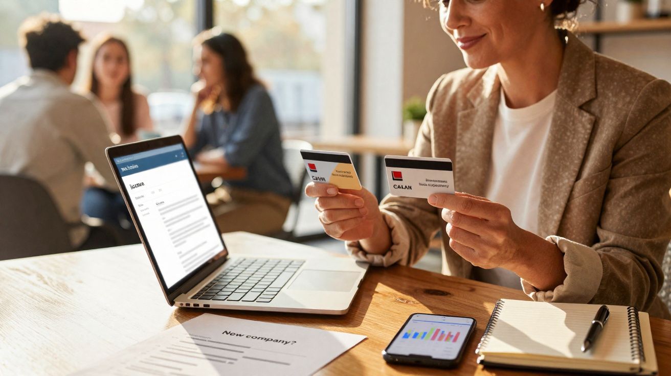 Mulher a analisar cartões de crédito enquanto trabalha num portátil num ambiente de escritório moderno.
