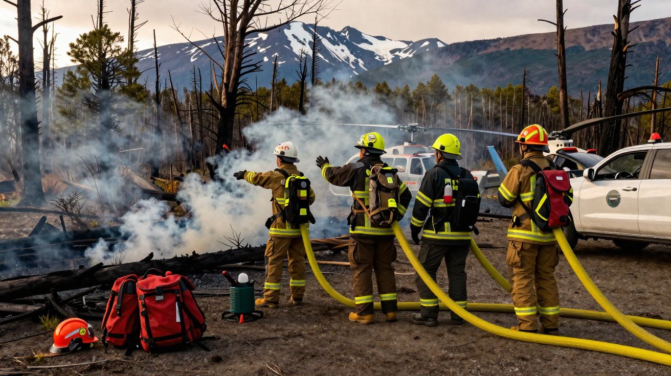 Quatro bombeiros com equipamentos e mangueiras combatem incêndio numa zona florestal queimada com montanhas ao fundo.