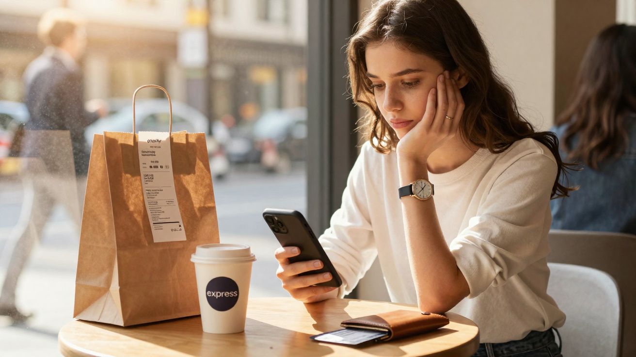 Jovem sentada numa mesa de café a olhar para o telemóvel com saco e chá junto a si.