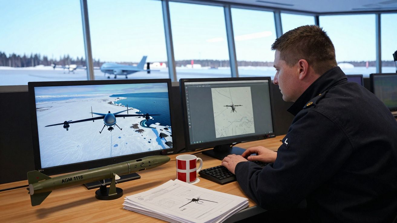 Homem a trabalhar em computador com imagens de drone militar e modelo de míssil sobre mesa numa torre de controlo.