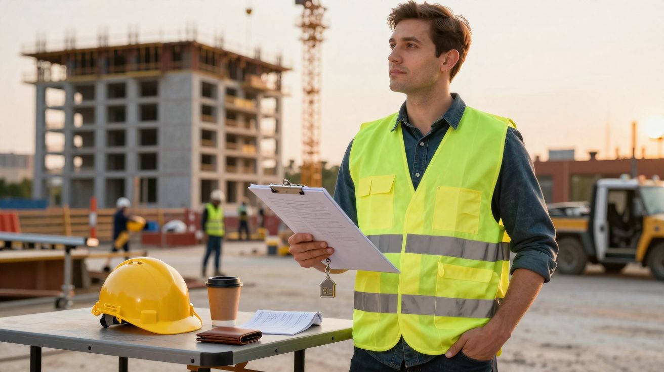 Engenheiro com colete refletor amarelo verifica documentos num canteiro de obras ao entardecer.
