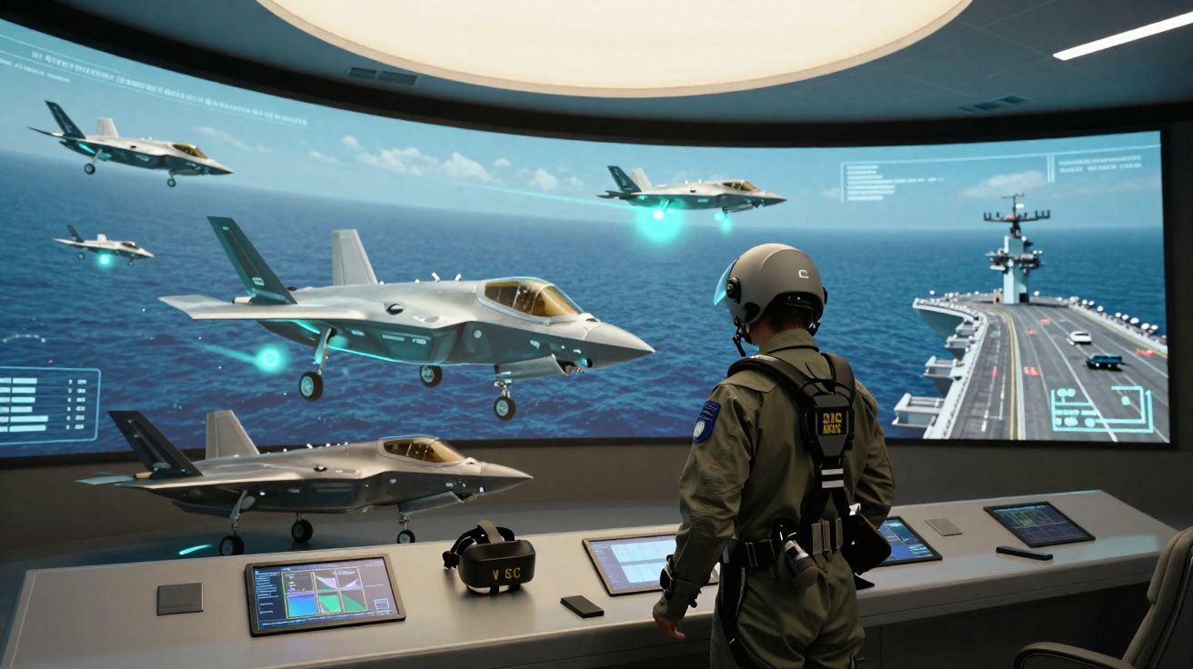 Simulador de voo militar com piloto a controlar jatos furtivos junto a porta-aviões no ecrã.