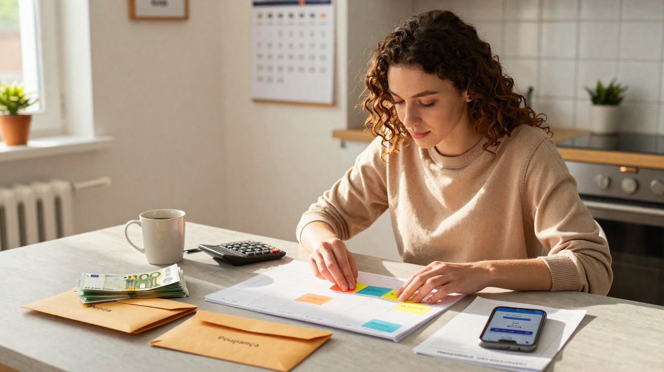 Mulher jovem a organizar notas adesivas num calendário, com dinheiro, envelopes e telemóvel numa mesa de cozinha.