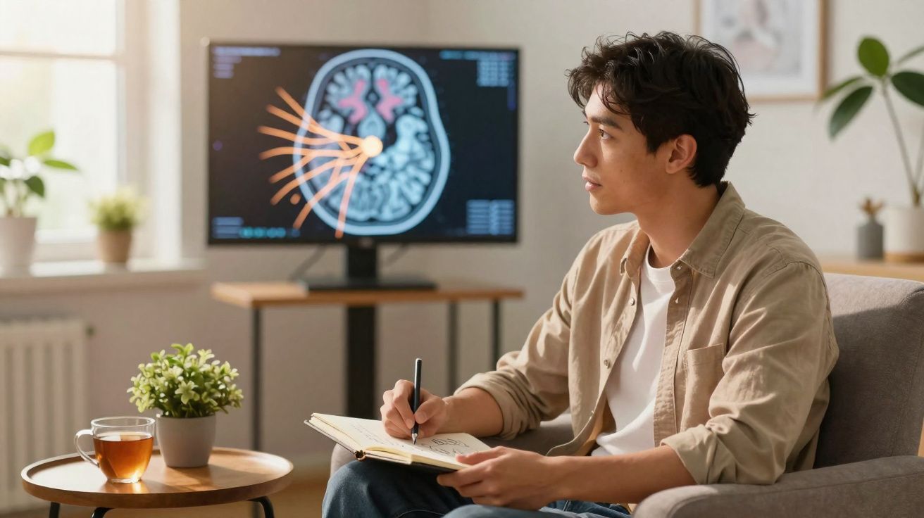 Homem sentado a fazer anotações enquanto observa um ecrã com imagem cerebral e fluxos neuronais.