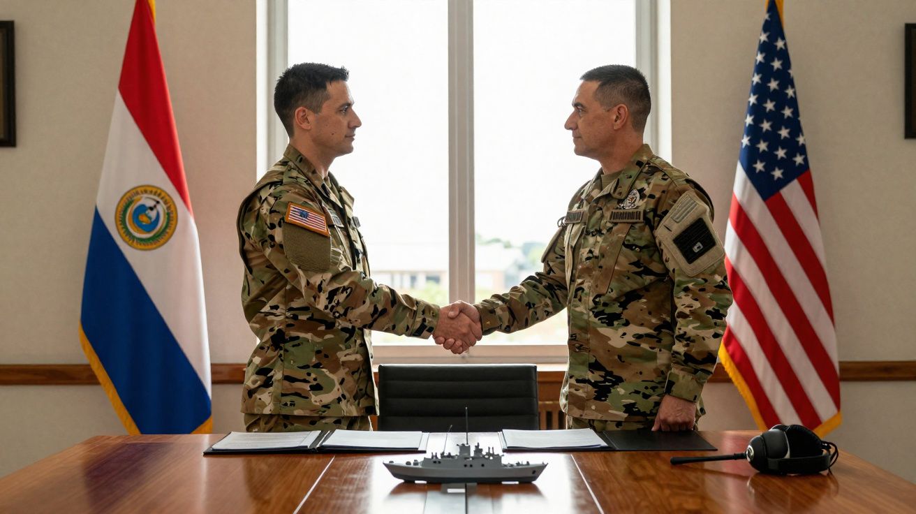 Dois militares em uniforme camuflado apertam as mãos numa sala com bandeiras do Paraguai e dos Estados Unidos.