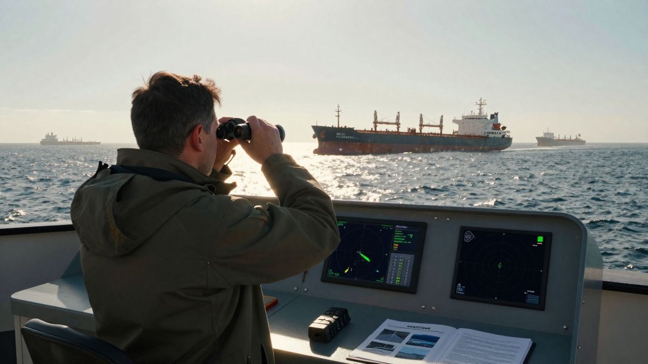 Homem com binóculos observa navios no mar a partir da ponte de comando de uma embarcação.