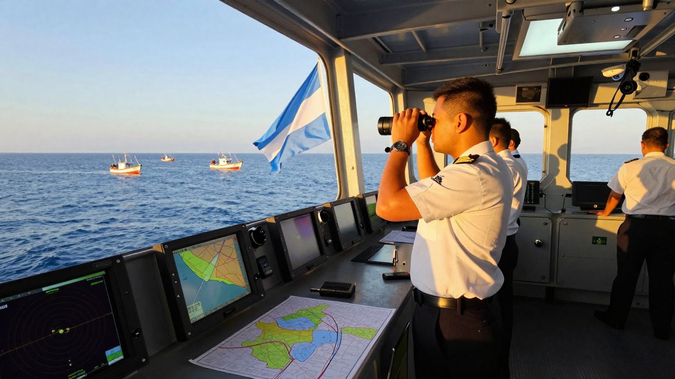 Homem em uniforme de marinheiro observa o mar com binóculos no interior de um navio de comando.