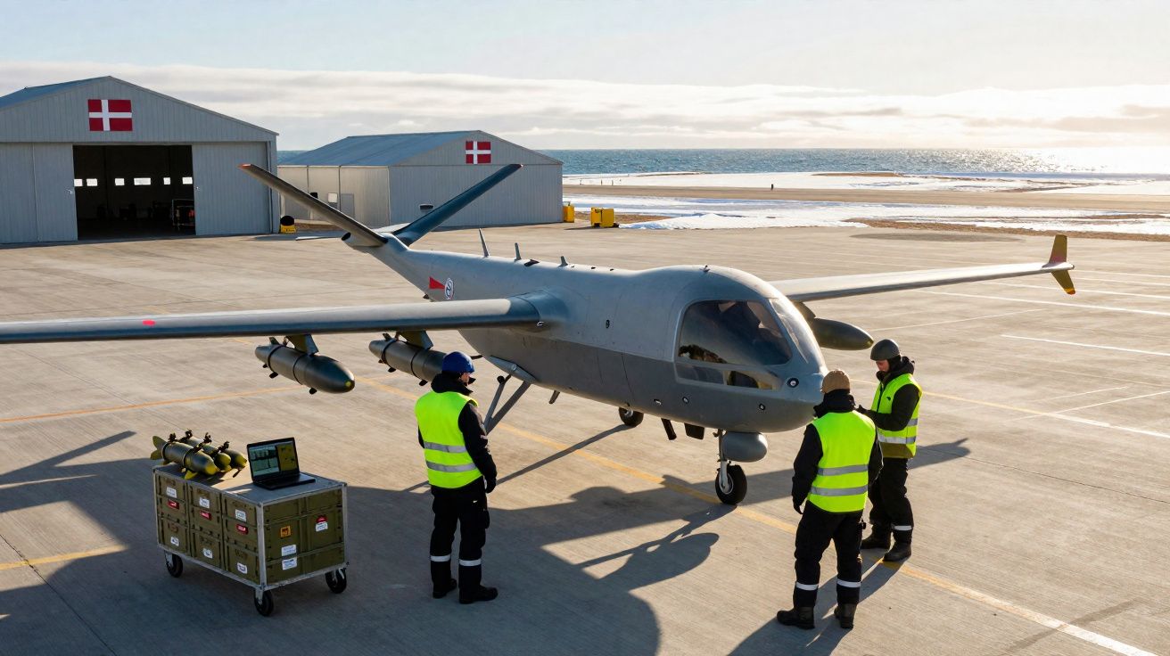 Drone militar armado no solo com três técnicos de colete refletor em aeroporto perto do mar e hangares com bandeiras da Dinam