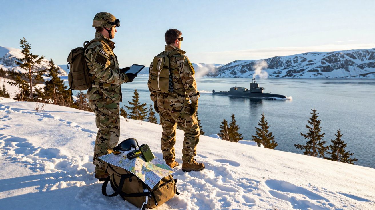 Dois soldados com equipamentos militares observam um submarino no mar em paisagem nevada.